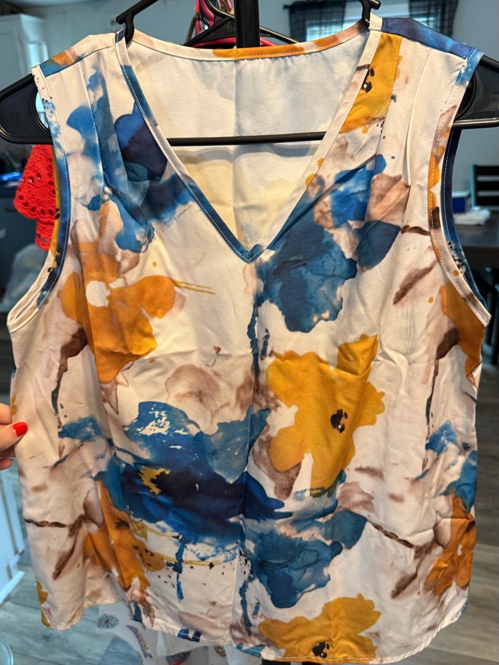 V-Neck Watercolor Floral Camisole - Blue & Mustard